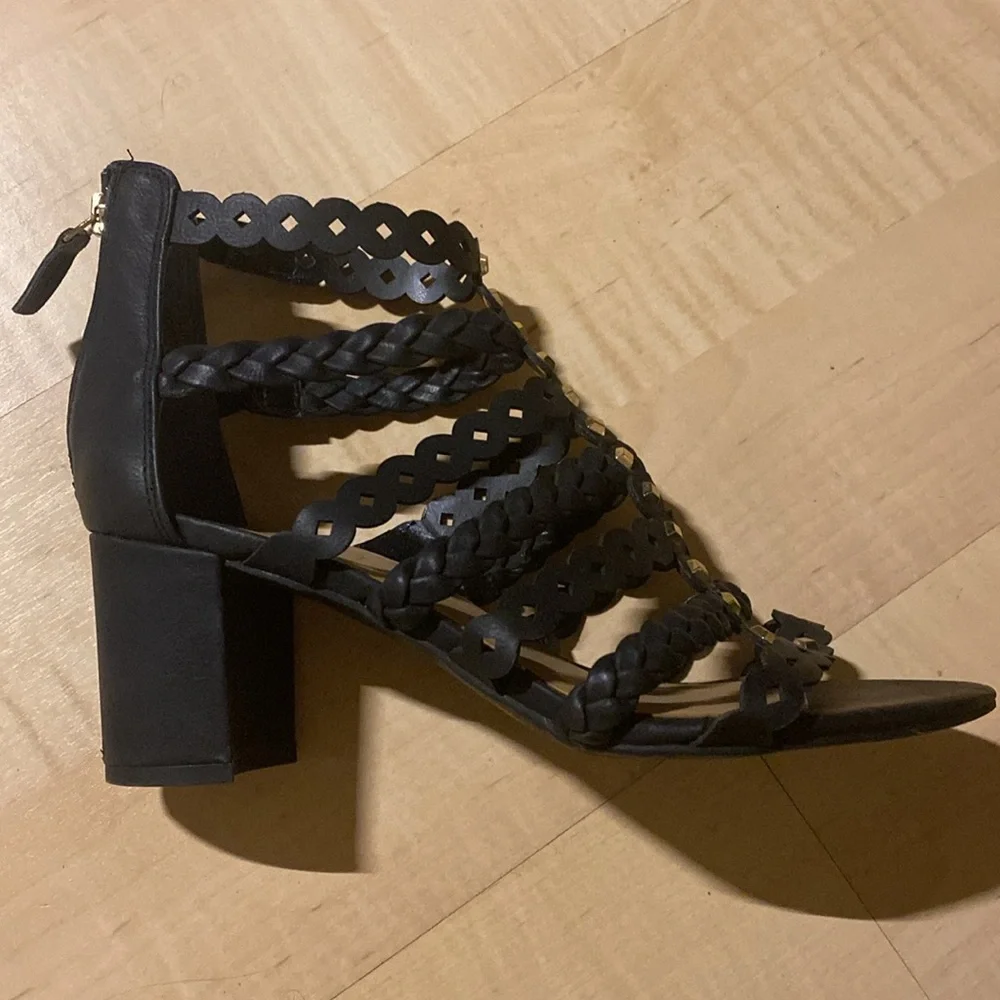 Franco Sarto Black Gold 8.5 Block Heel Sandal Shoe - Picture 2 of 4
